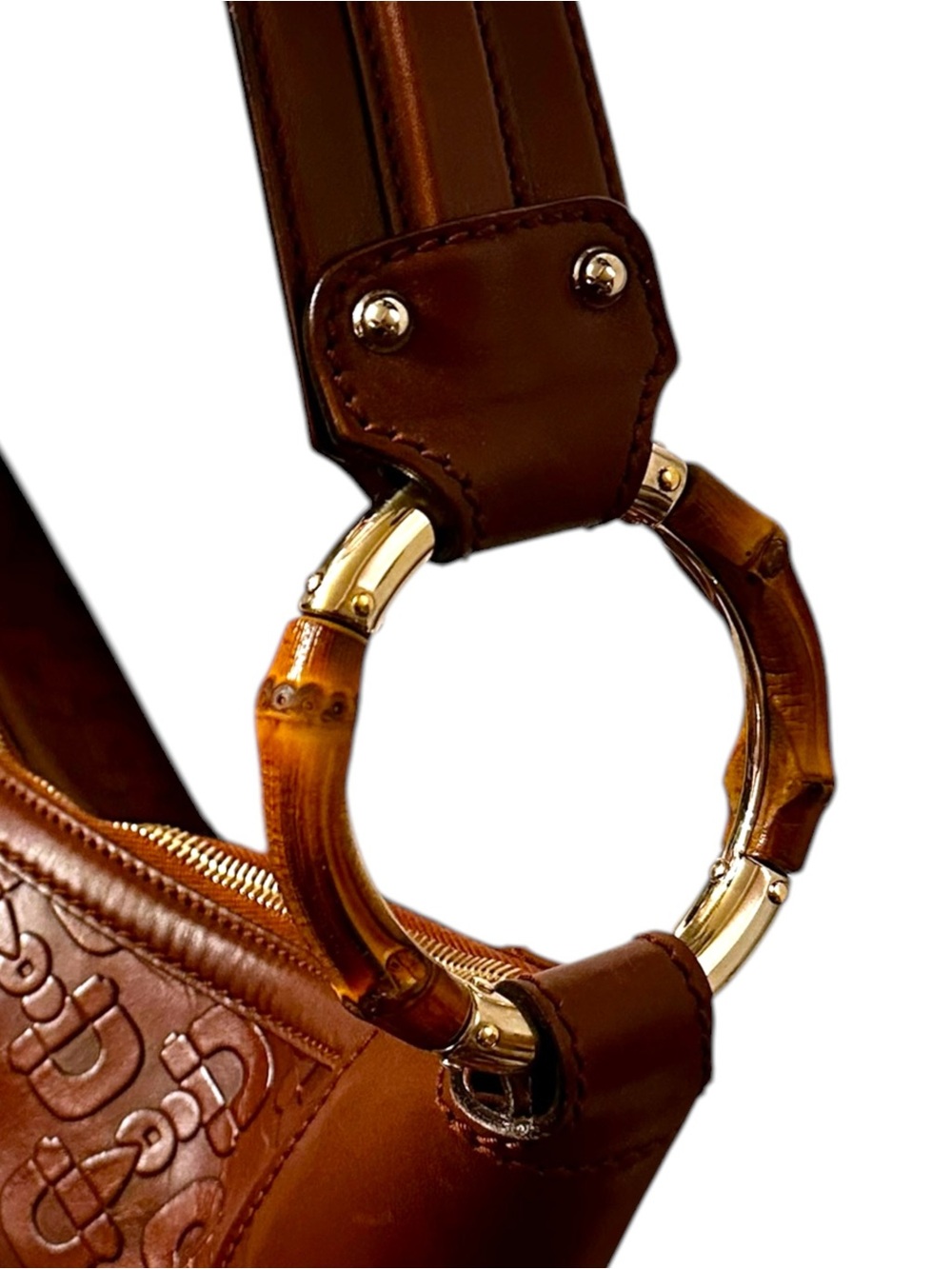 Gucci Rich Brown Horsebit Embossed Leather Shoulder Hobo Bag Bamboo-Ring Detail - Picture 10 of 17